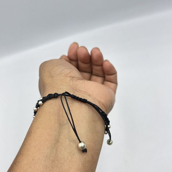 Braided Bracelet Black With Silver Beads and Sliding Closure - Picture 6 of 9